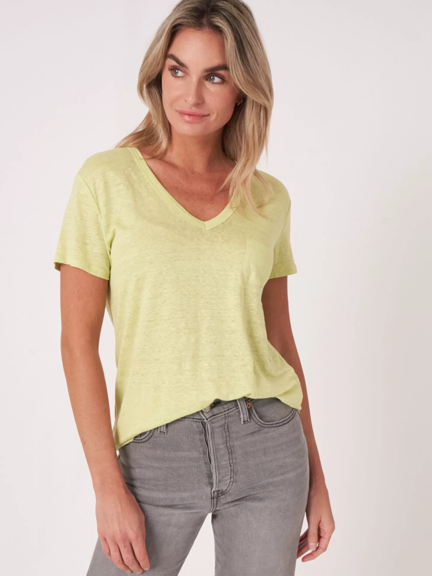 REPEAT cashmere T-Shirt Basique A Col En V En Pur Lin Avec Poche Poitrine Soda New