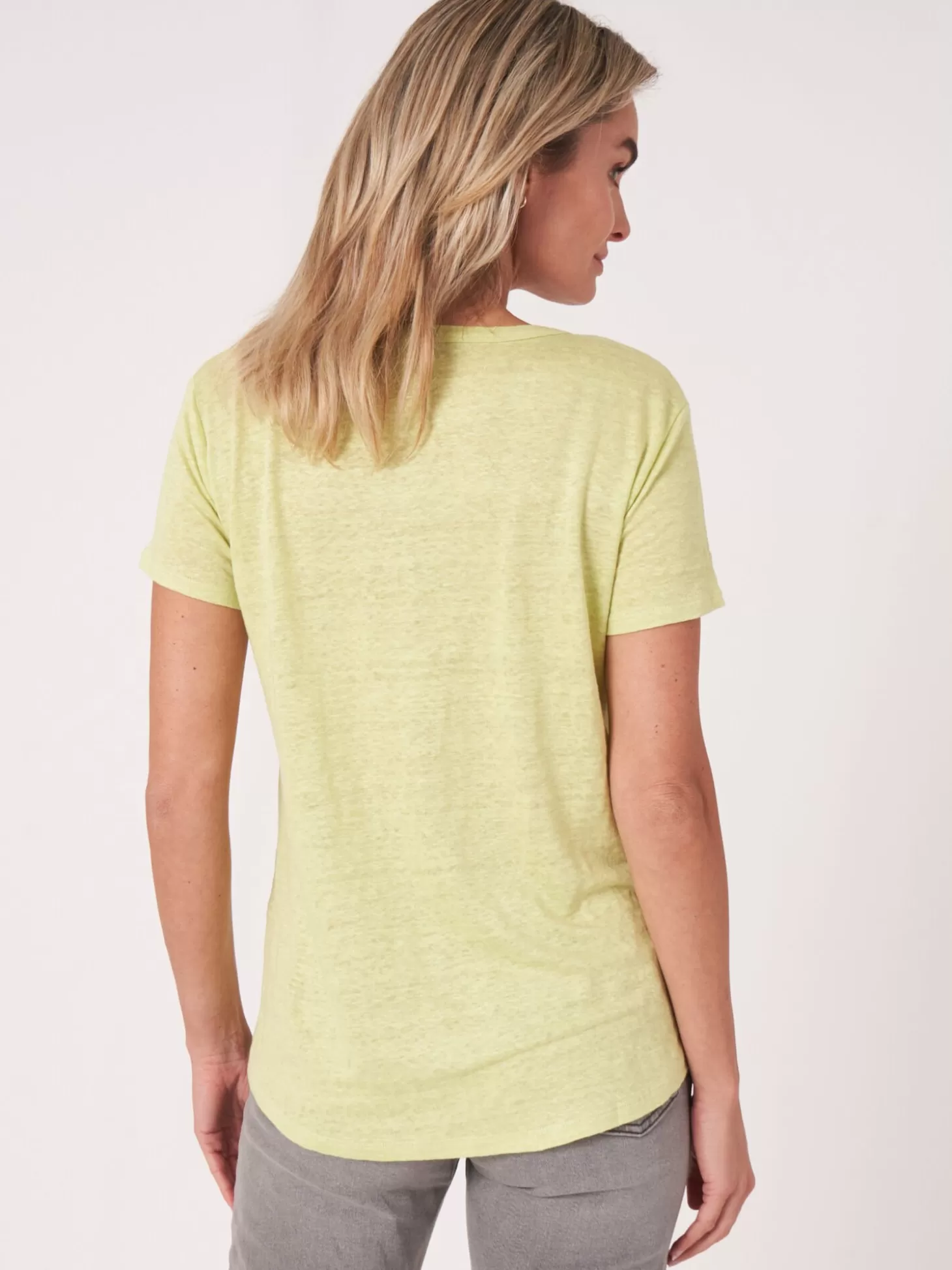REPEAT cashmere T-Shirt Basique A Col En V En Pur Lin Avec Poche Poitrine Soda New