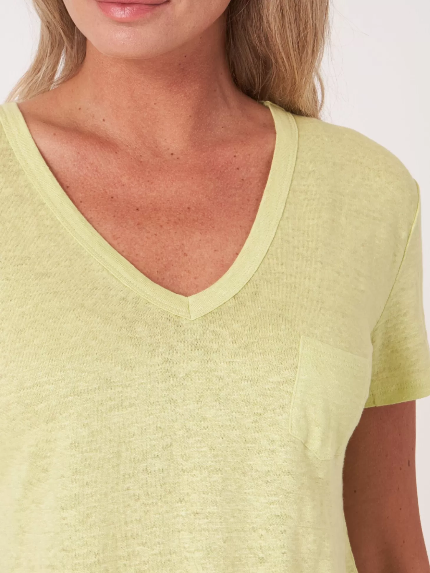 REPEAT cashmere T-Shirt Basique A Col En V En Pur Lin Avec Poche Poitrine Soda New
