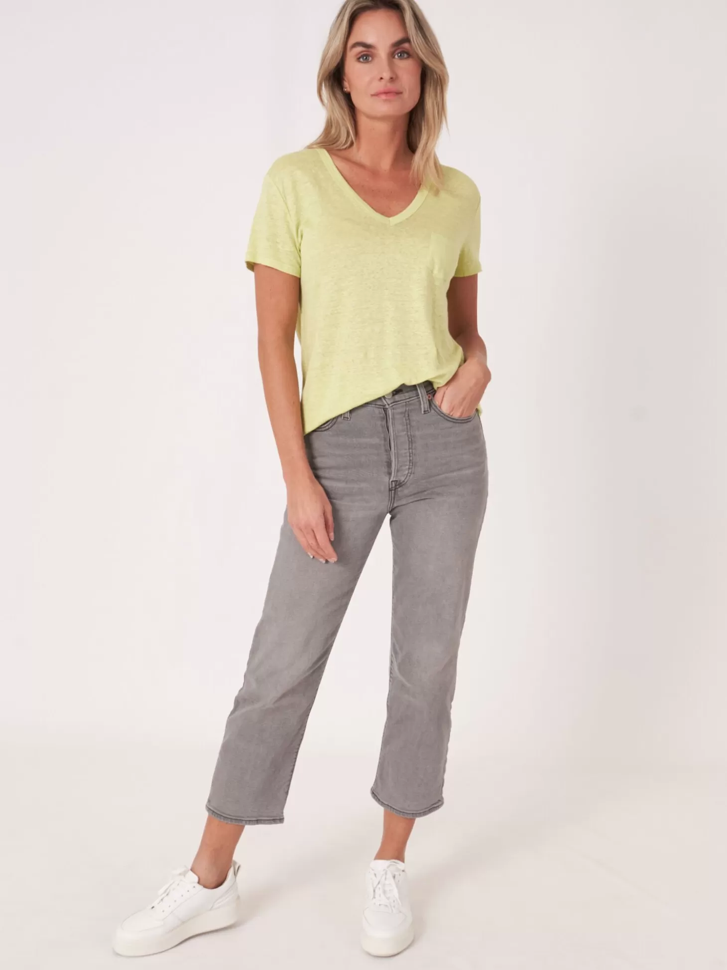REPEAT cashmere T-Shirt Basique A Col En V En Pur Lin Avec Poche Poitrine Soda New