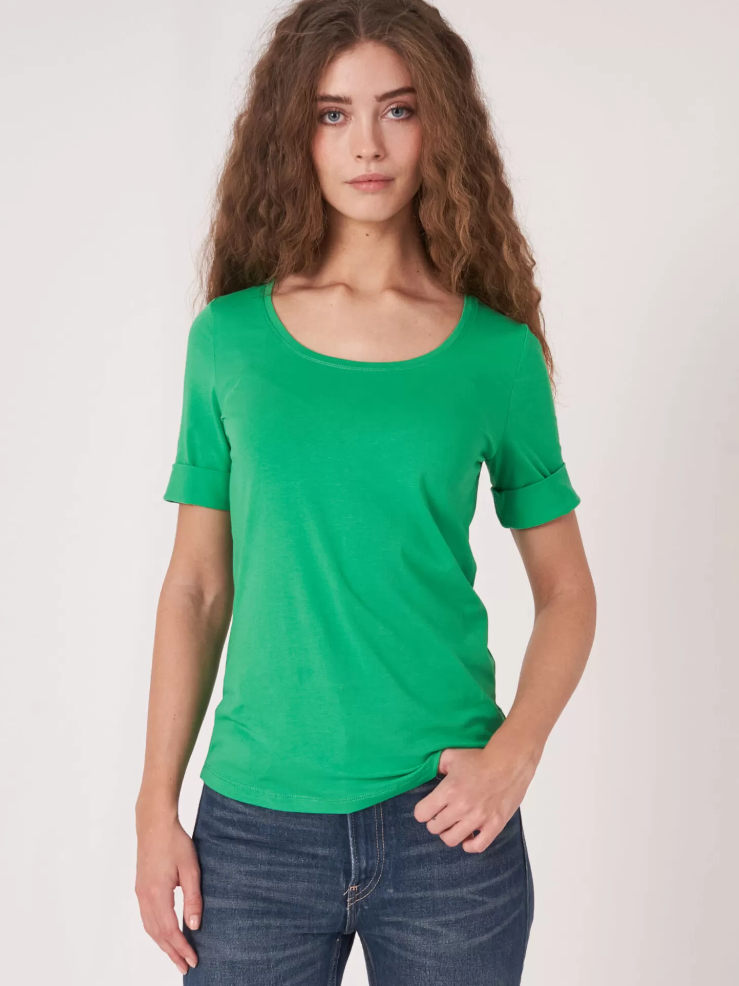 REPEAT cashmere T-Shirt Basique Femme A Manches Retroussees Green Shop