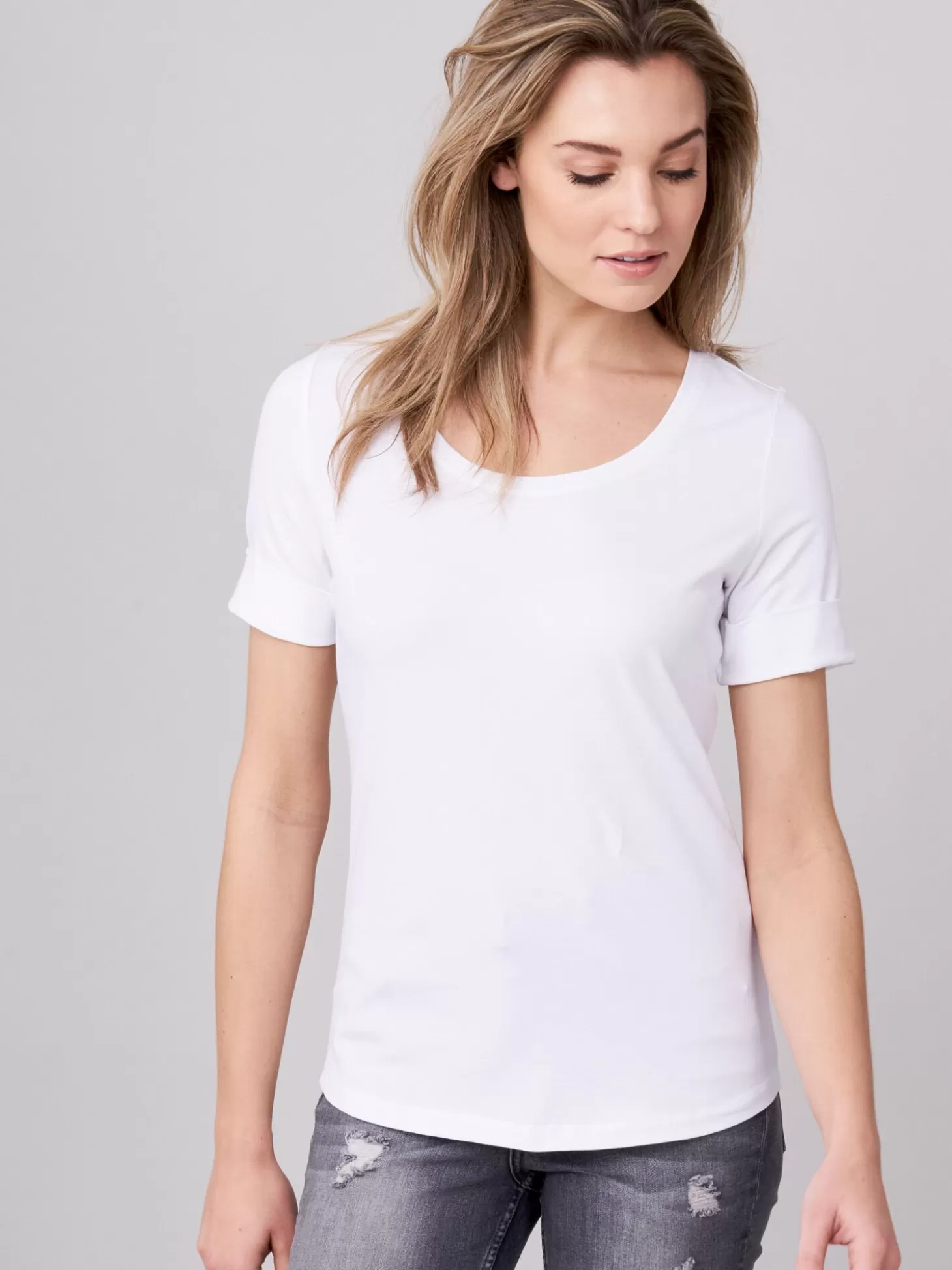 REPEAT cashmere T-Shirt Basique Femme A Manches Retroussees White Store