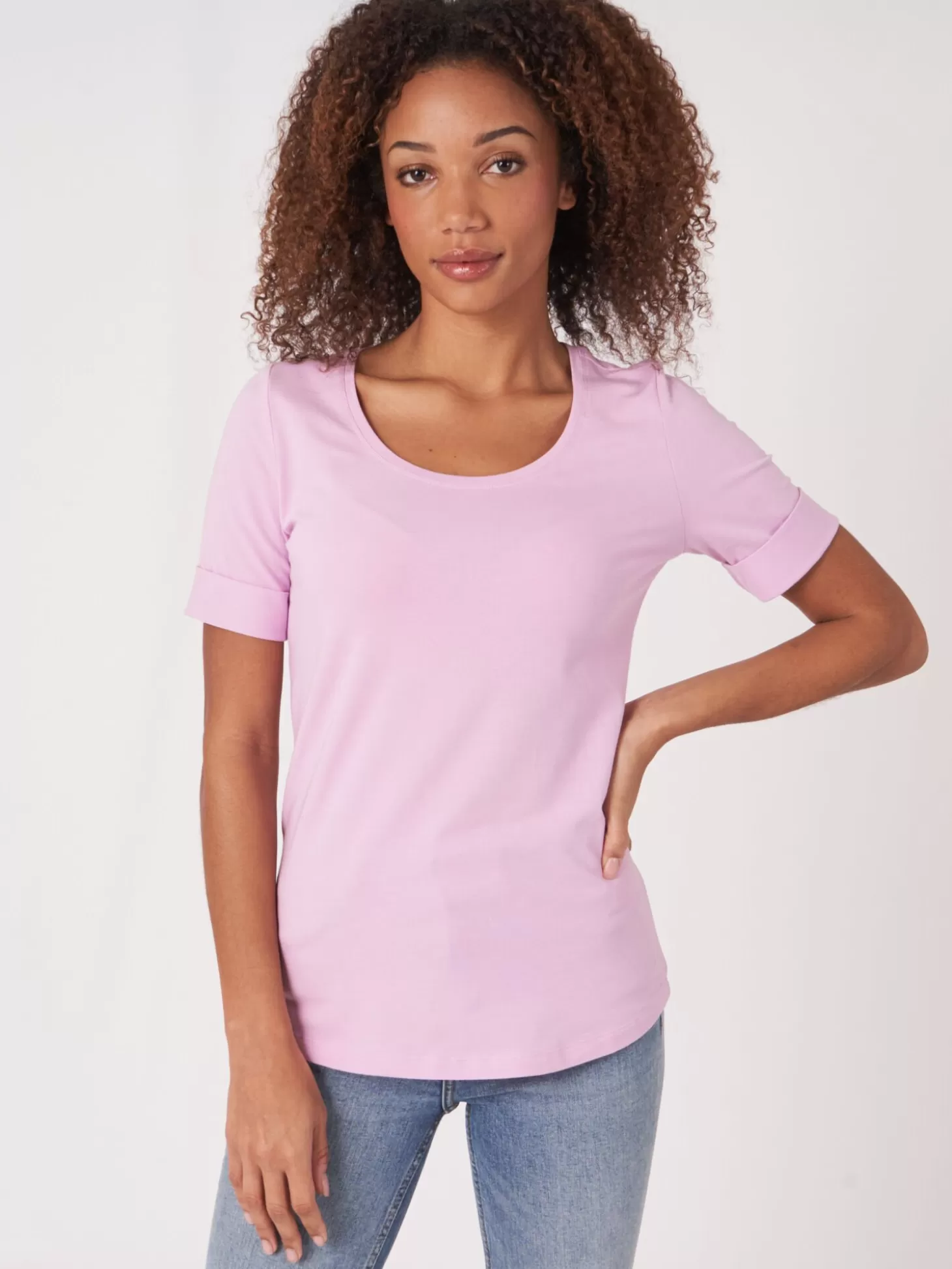 REPEAT cashmere T-Shirt Basique Femme A Manches Retroussees Orchid Best