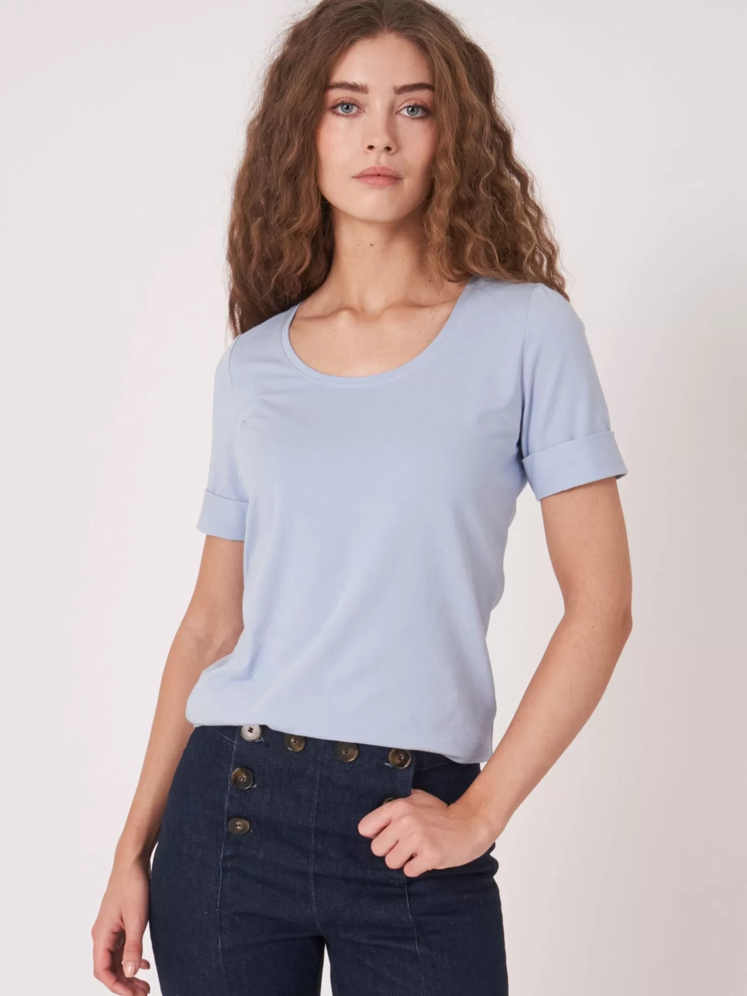 REPEAT cashmere T-Shirt Basique Femme A Manches Retroussees Lt Blue Best