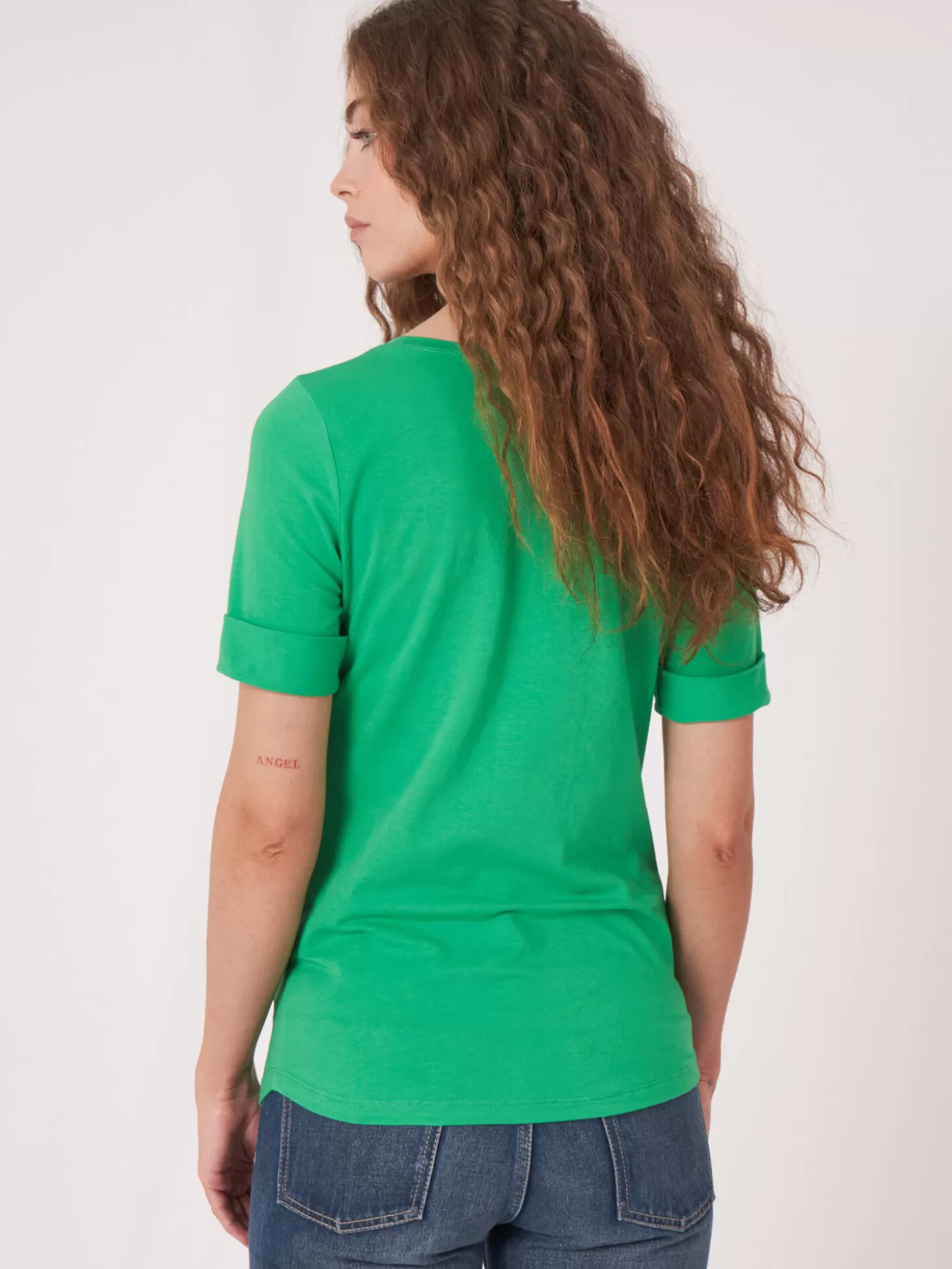 REPEAT cashmere T-Shirt Basique Femme A Manches Retroussees Green Shop