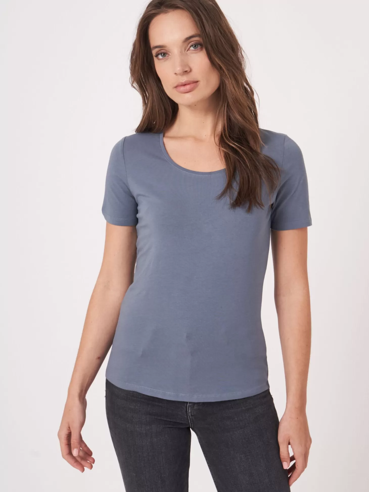 REPEAT cashmere T-Shirt Basique Femme En Coton A Col Rond Denim New