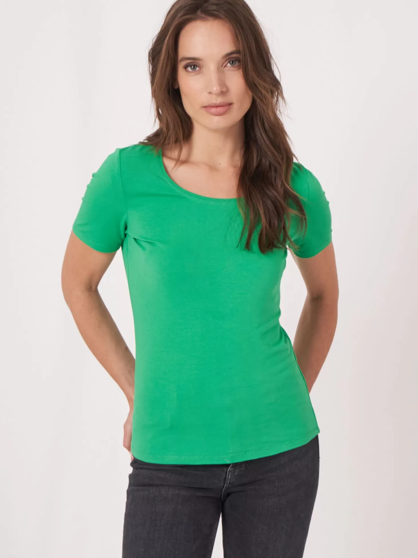 REPEAT cashmere T-Shirt Basique Femme En Coton A Col Rond Green Clearance