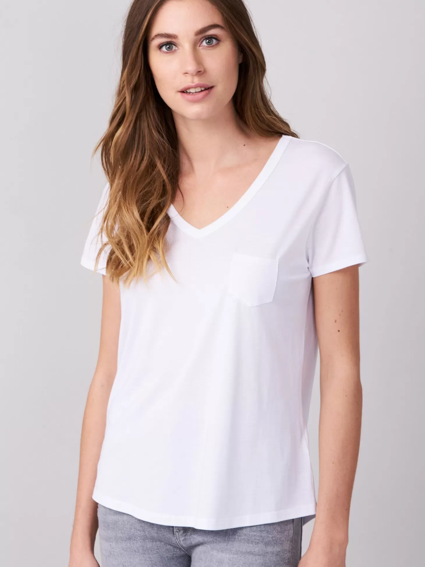 REPEAT cashmere T-Shirt Basique Pour Femme A Col En V Et Poche Poitrine White Cheap