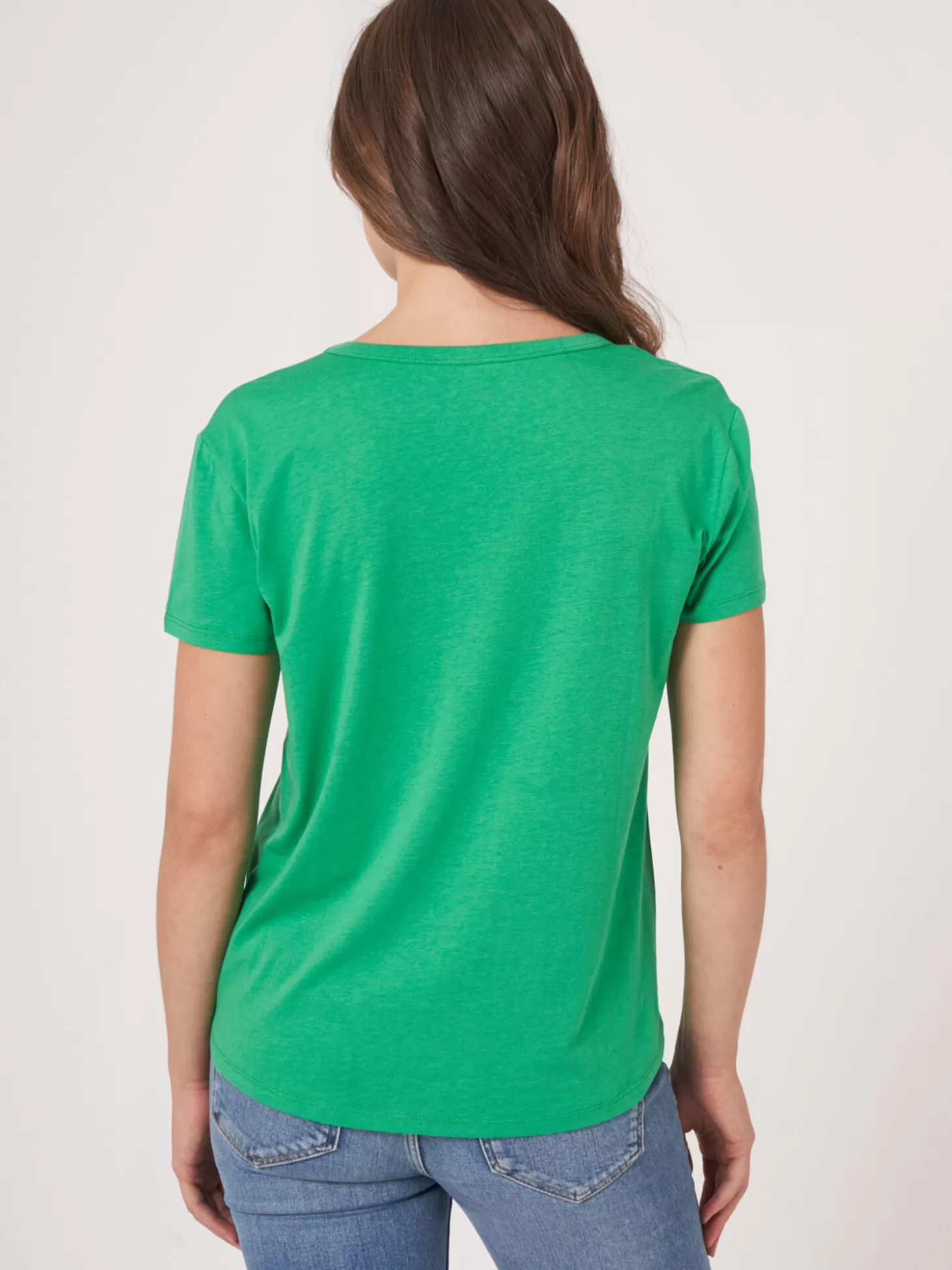 REPEAT cashmere T-Shirt Basique Pour Femme A Col En V Et Poche Poitrine Green Online