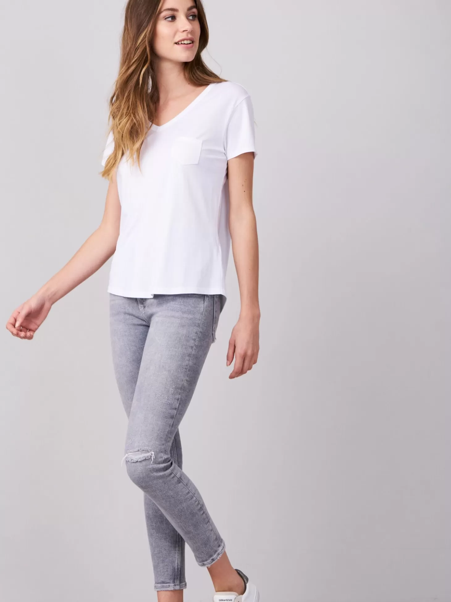 REPEAT cashmere T-Shirt Basique Pour Femme A Col En V Et Poche Poitrine White Cheap