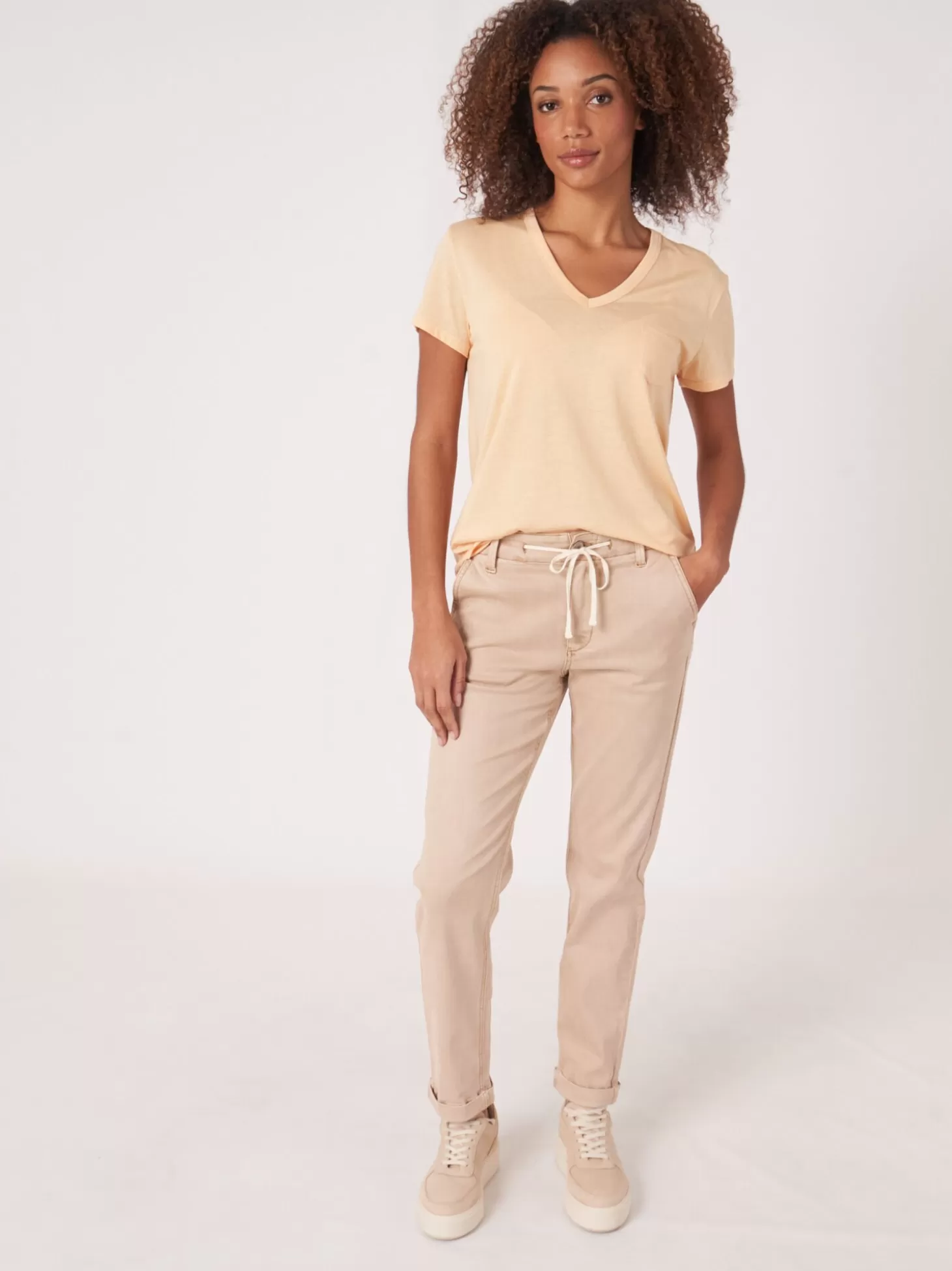 REPEAT cashmere T-Shirt Basique Pour Femme A Col En V Et Poche Poitrine Glow Clearance