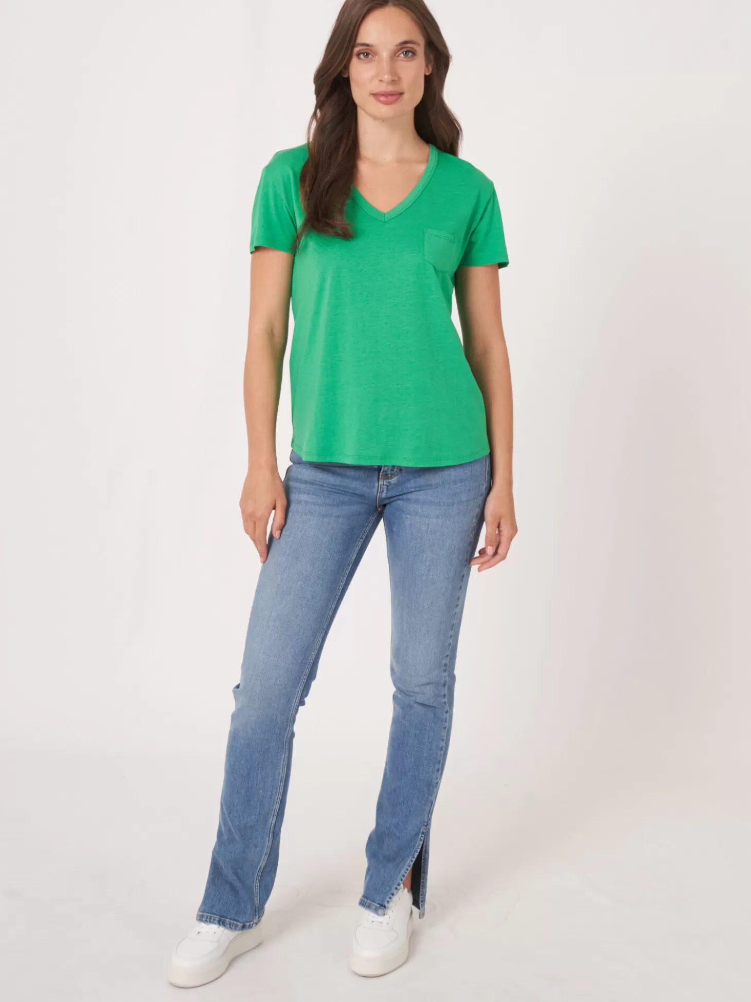 REPEAT cashmere T-Shirt Basique Pour Femme A Col En V Et Poche Poitrine Green Online