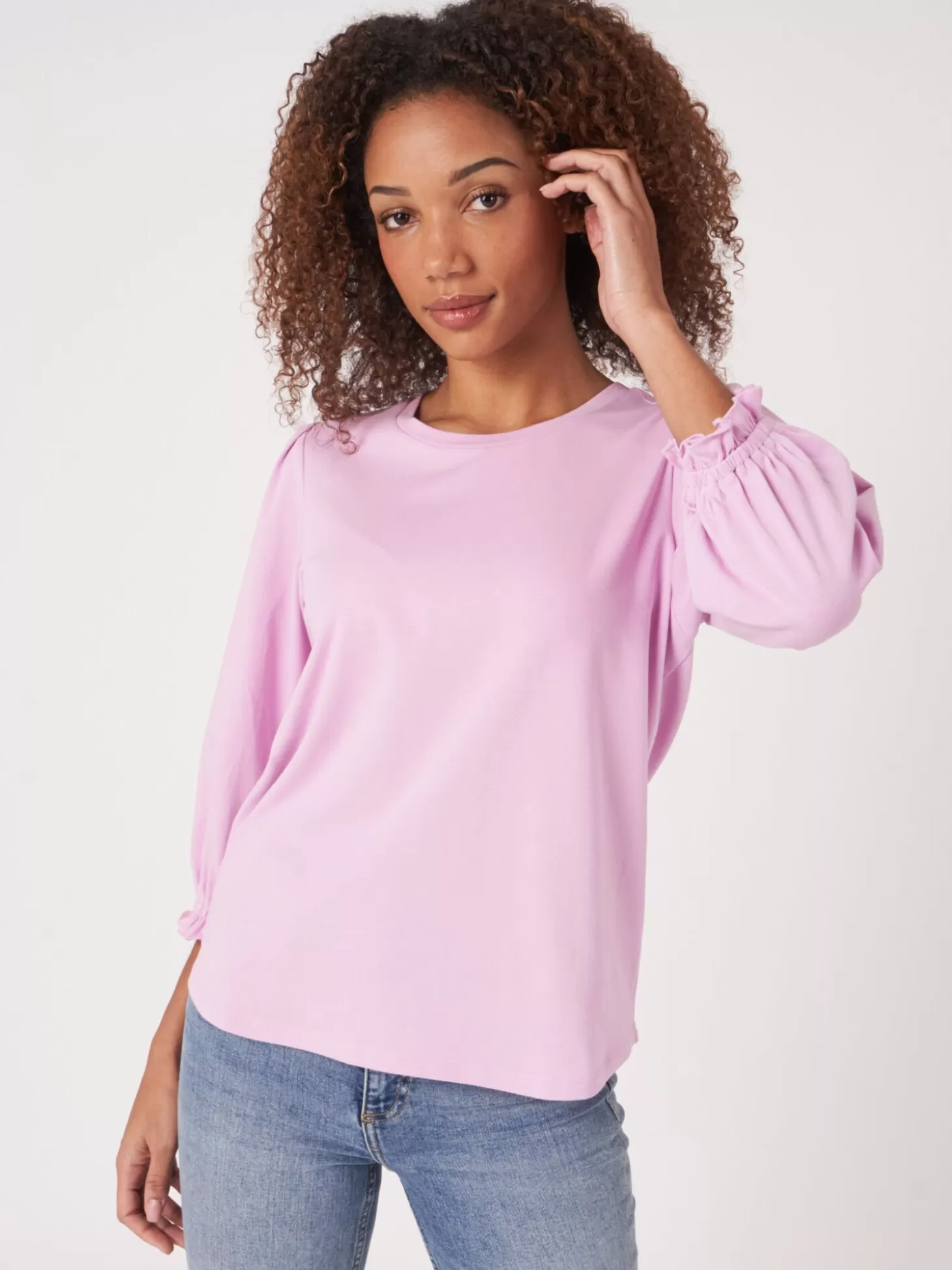 REPEAT cashmere T-Shirt En Coton Stretch A Manches 3/4 Volantees Orchid New