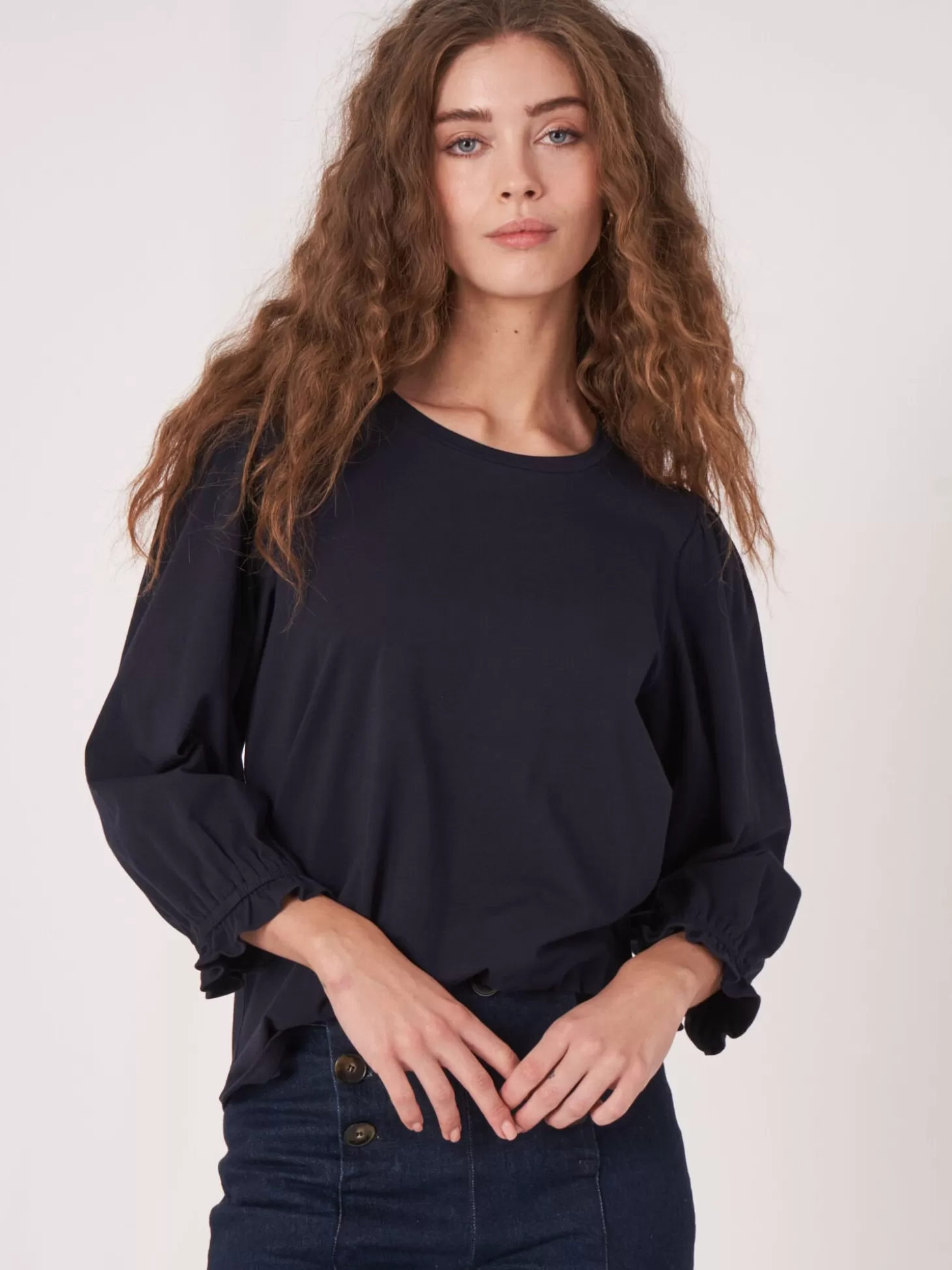 REPEAT cashmere T-Shirt En Coton Stretch A Manches 3/4 Volantees Navy Cheap