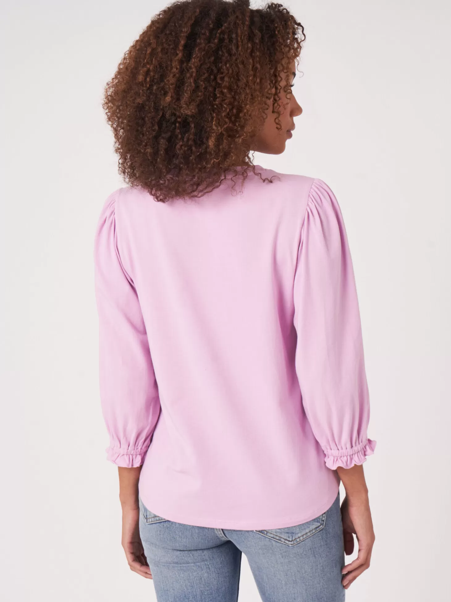 REPEAT cashmere T-Shirt En Coton Stretch A Manches 3/4 Volantees Orchid New