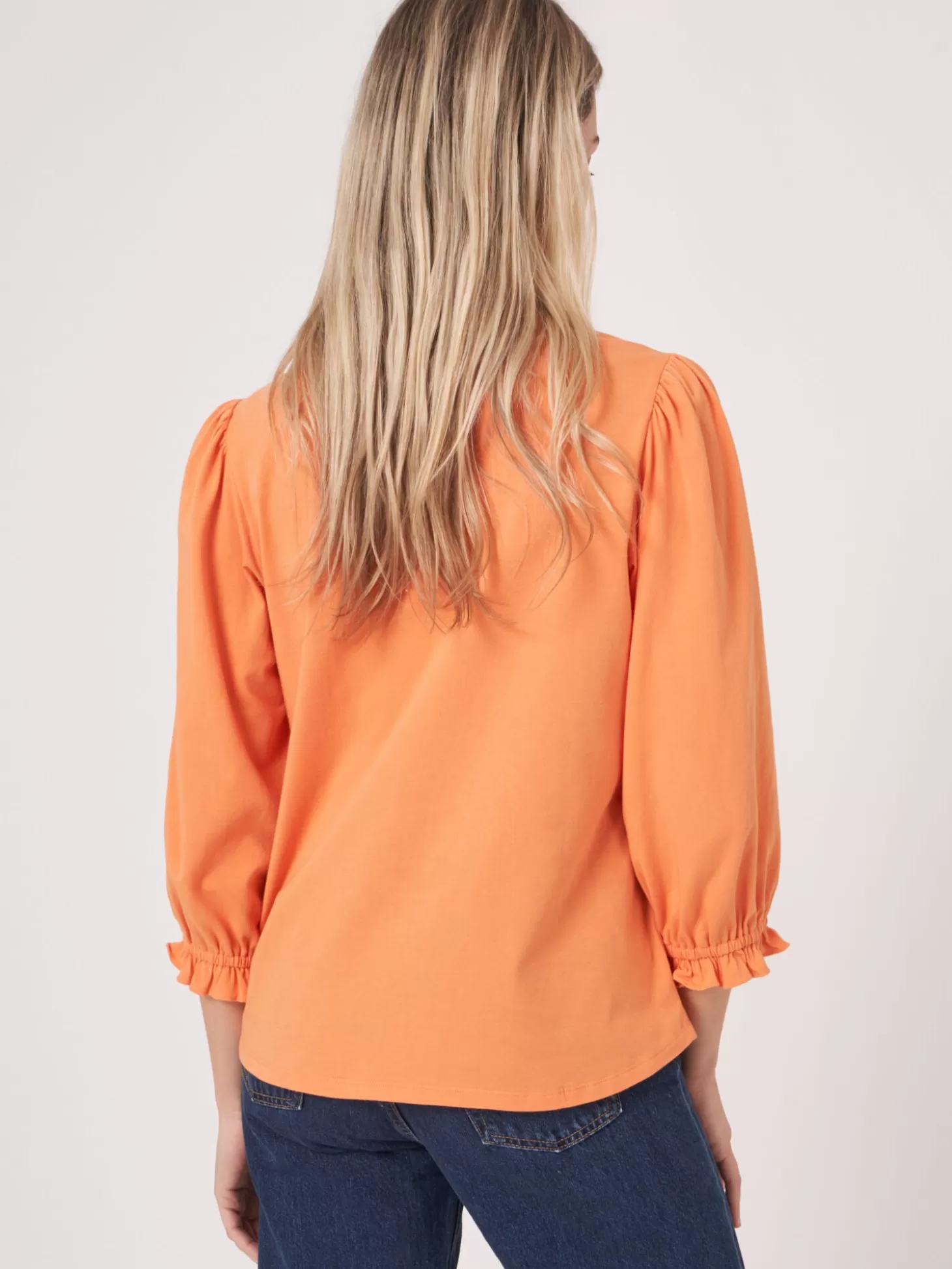 REPEAT cashmere T-Shirt En Coton Stretch A Manches 3/4 Volantees Papaya Hot