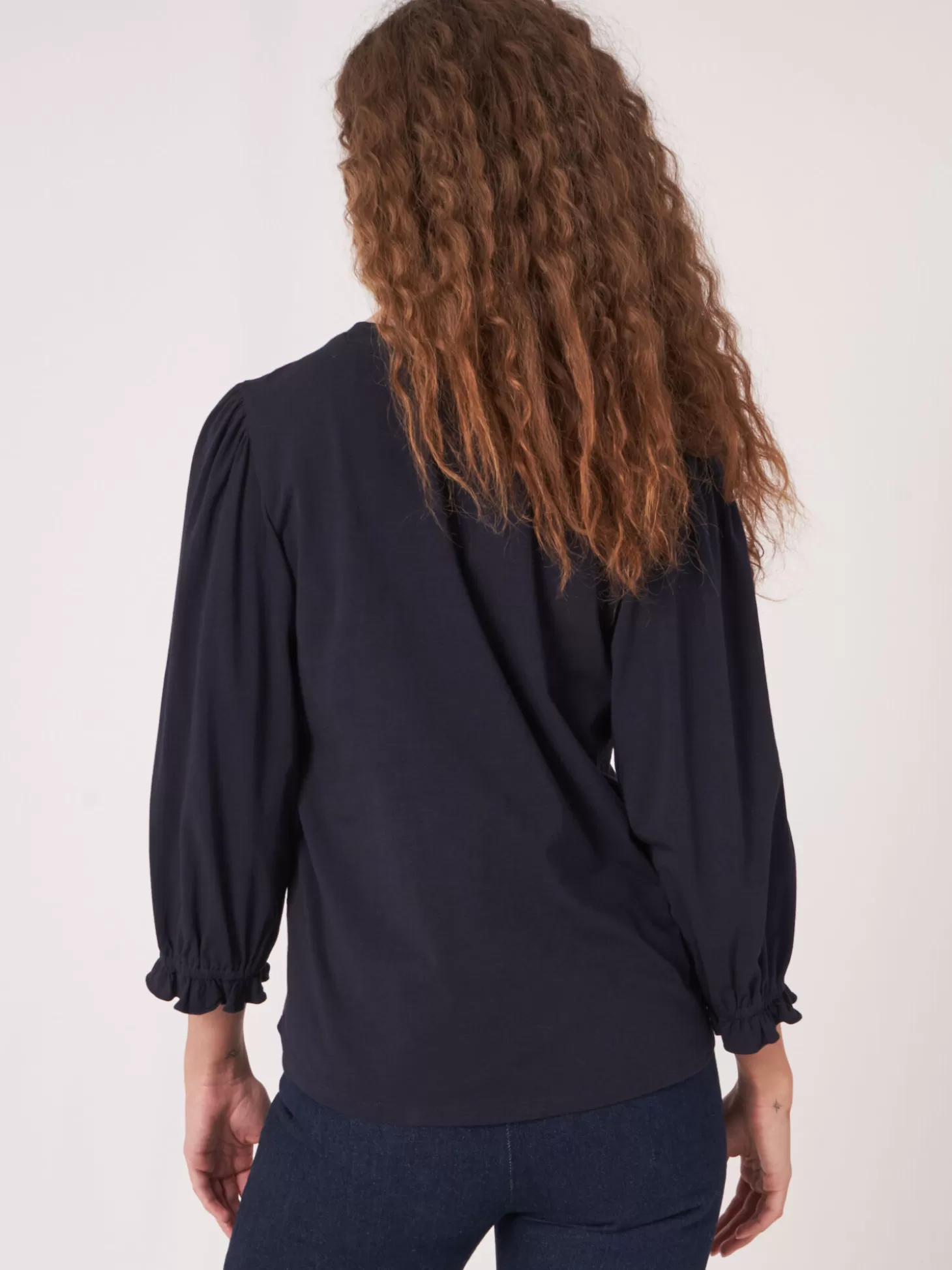 REPEAT cashmere T-Shirt En Coton Stretch A Manches 3/4 Volantees Navy Cheap