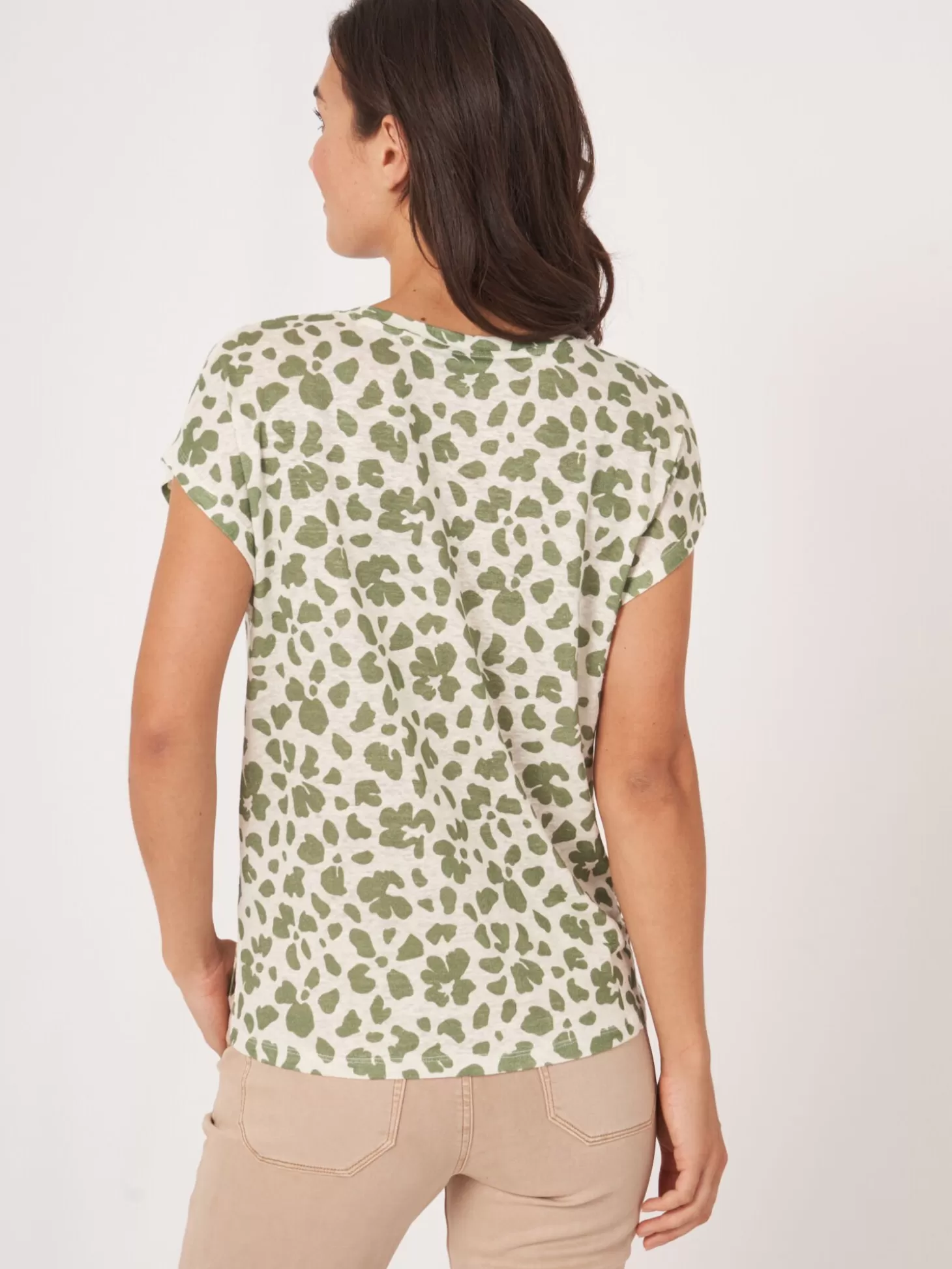 REPEAT cashmere T-Shirt En Lin A Imprime Floral Matcha Outlet