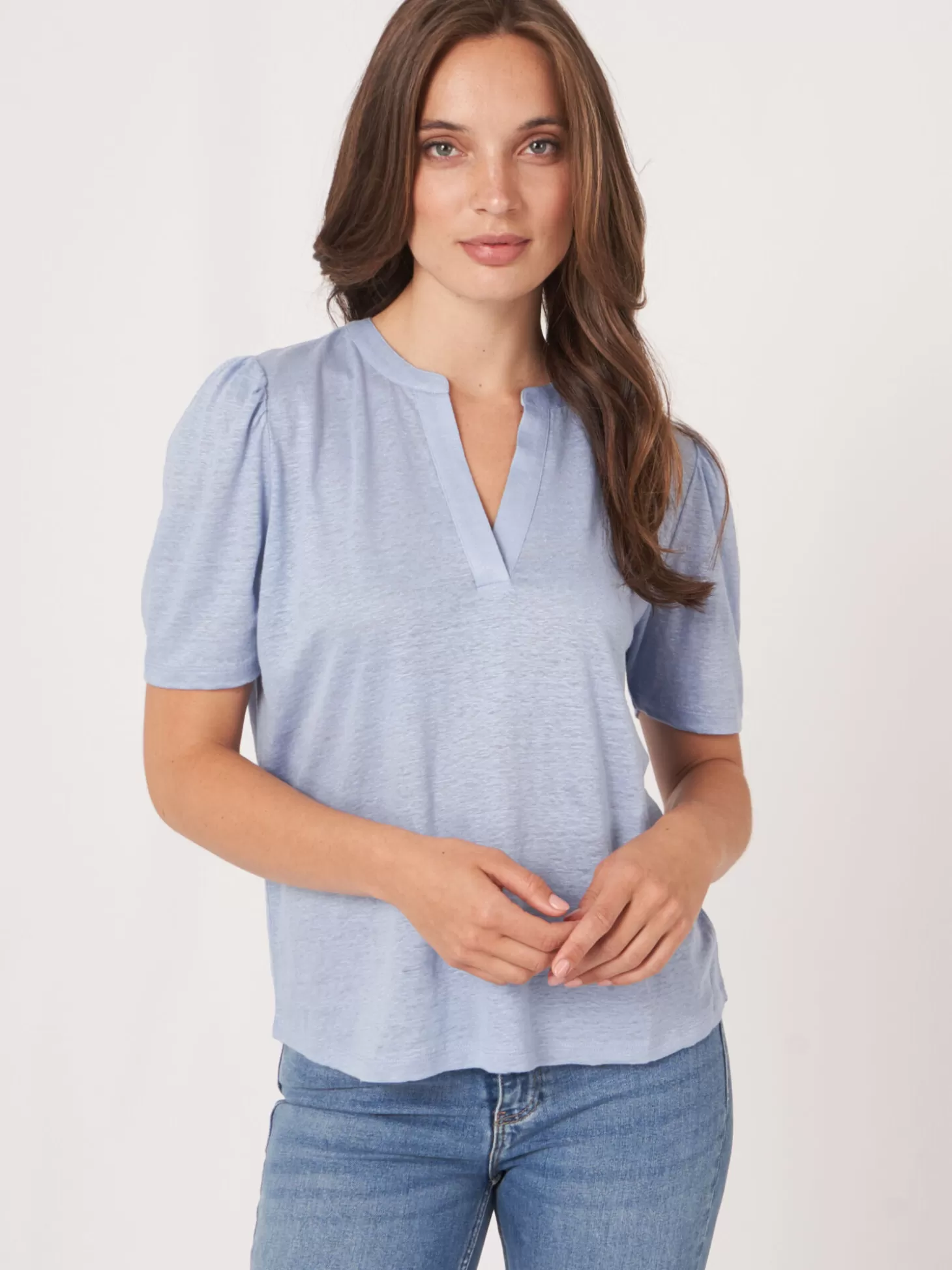 REPEAT cashmere T-Shirt En Lin Avec Encolure Ronde Et Fente Lt Blue Outlet