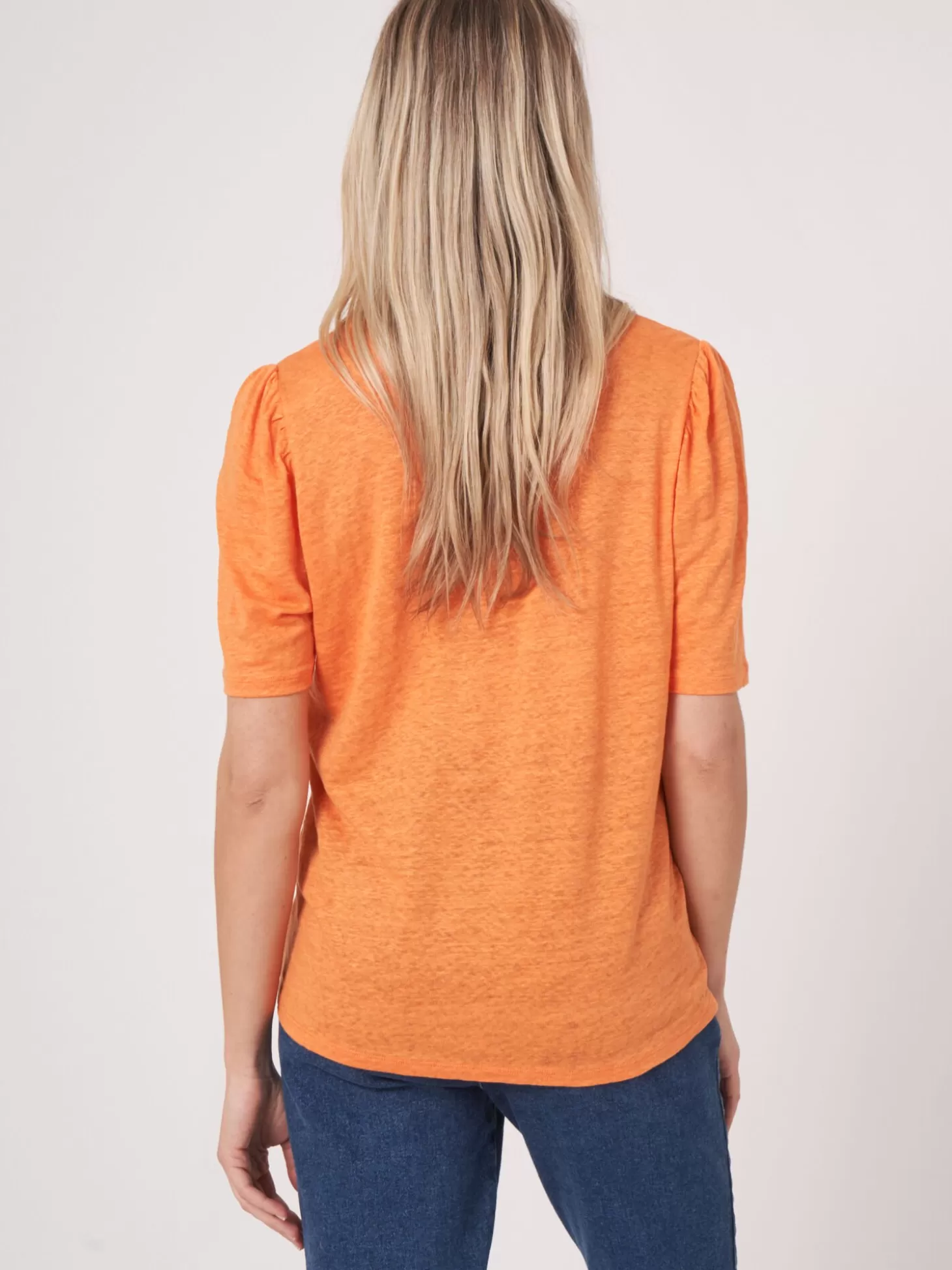 REPEAT cashmere T-Shirt En Lin Avec Encolure Ronde Et Fente Papaya Outlet