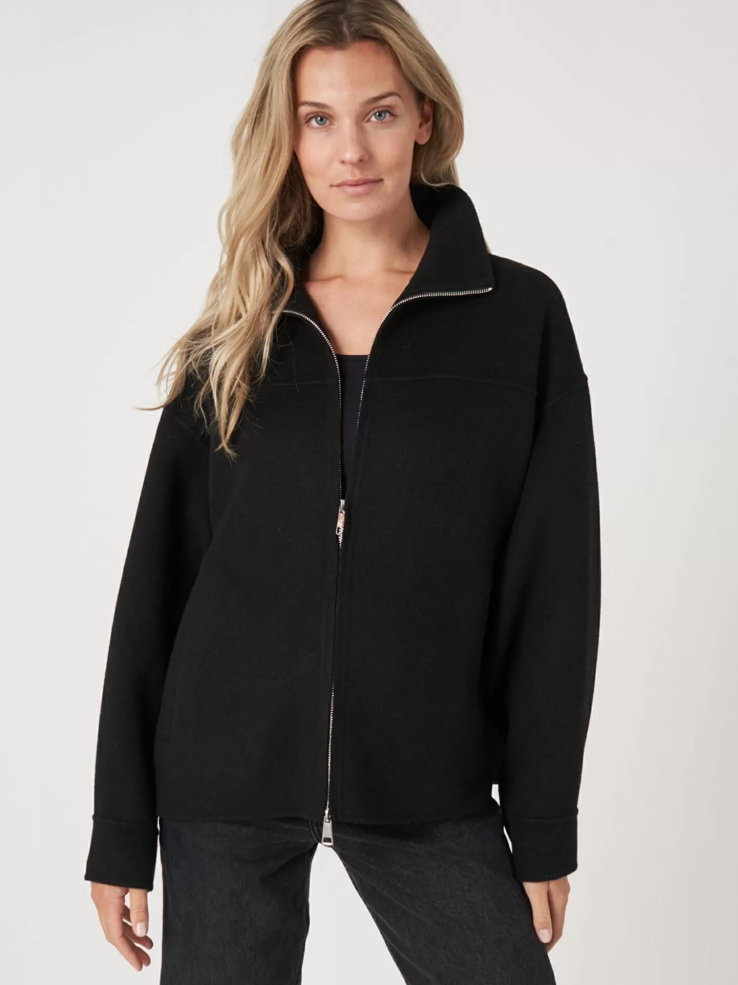REPEAT cashmere Veste En Laine Melangee Avec Fermeture Eclair A Double Sens Black Fashion