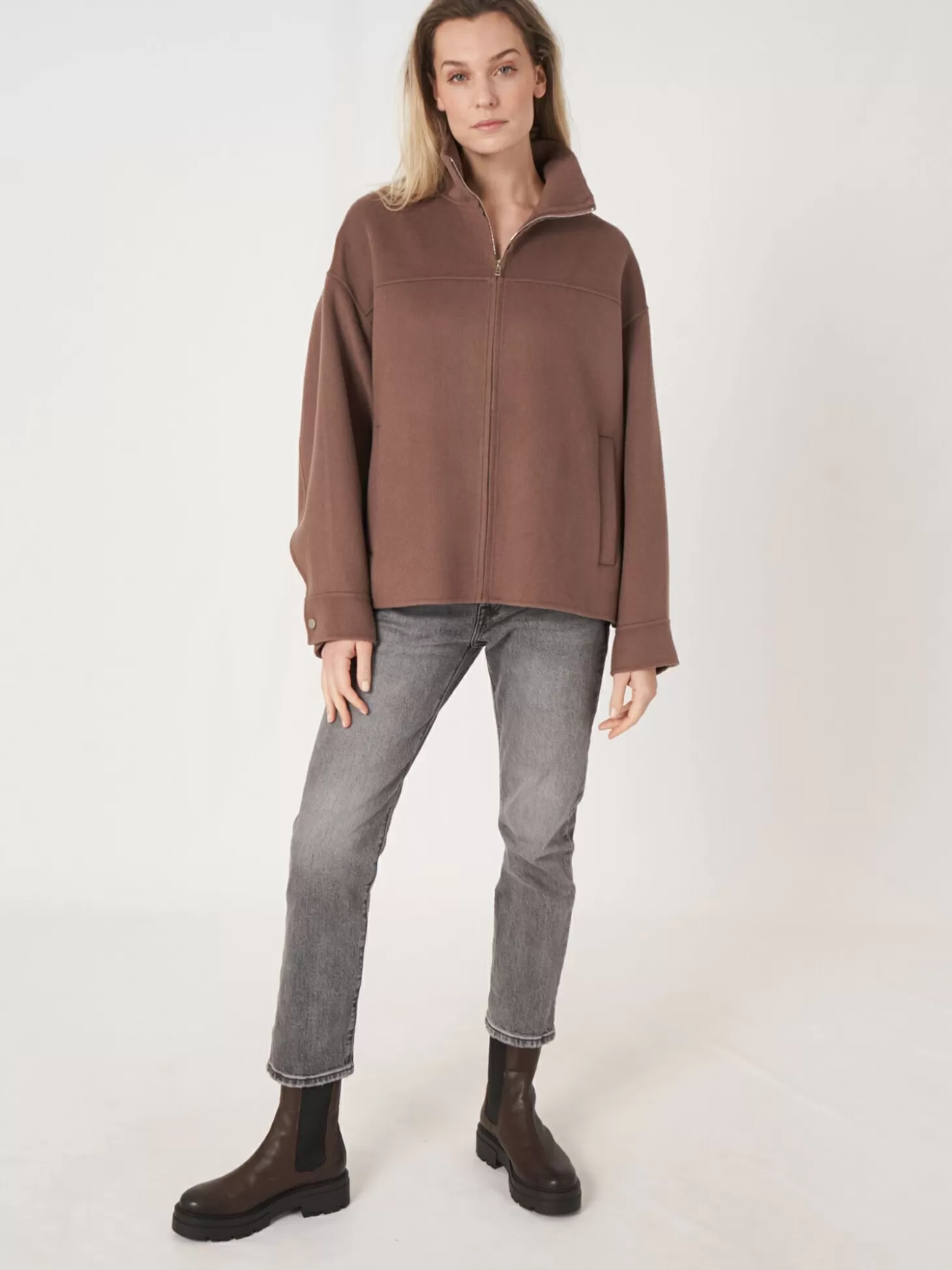 REPEAT cashmere Veste En Laine Melangee Avec Fermeture Eclair A Double Sens Truffle Fashion